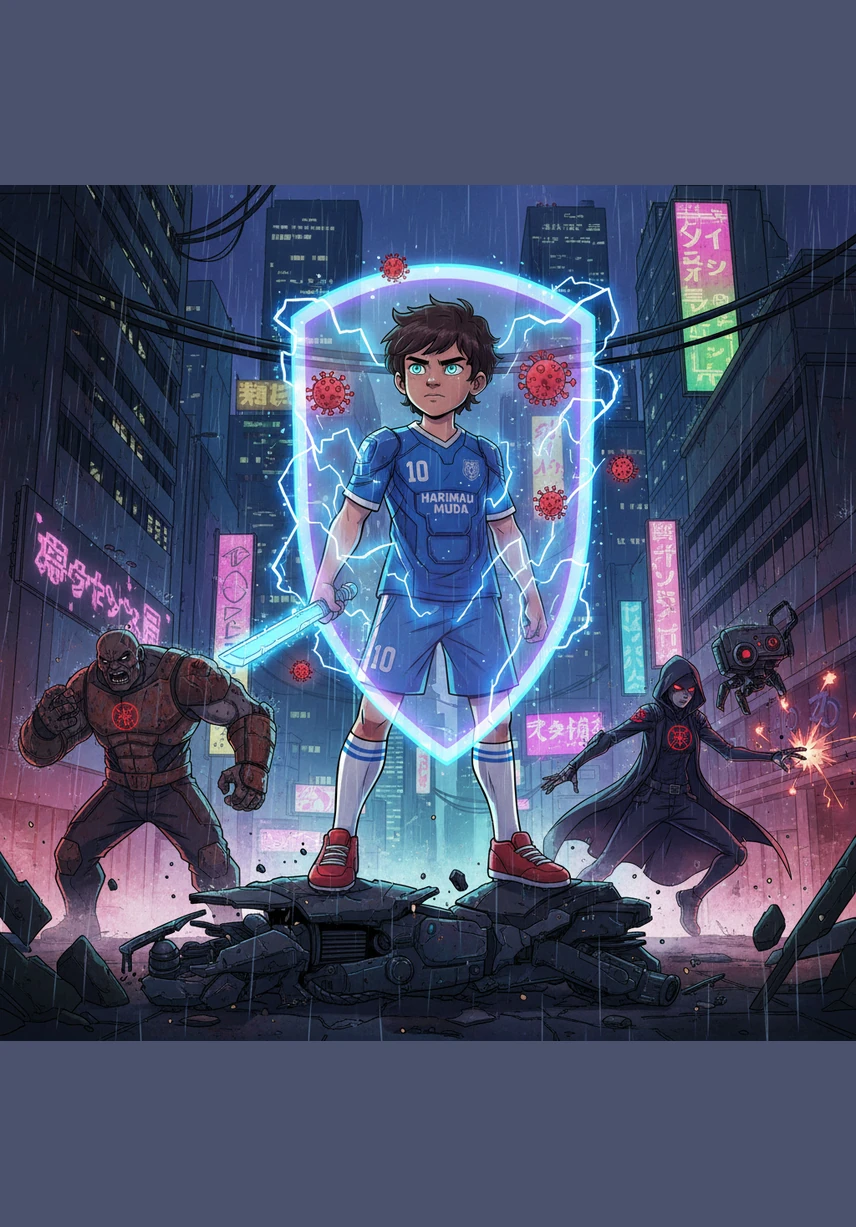 The Germ Squad looks grumpy as they realize they can't get past Haris’s clean habits and smart choices. Haris feels a surge of energy, knowing that their body is protected by the invisible shield of food safety and good hygiene.