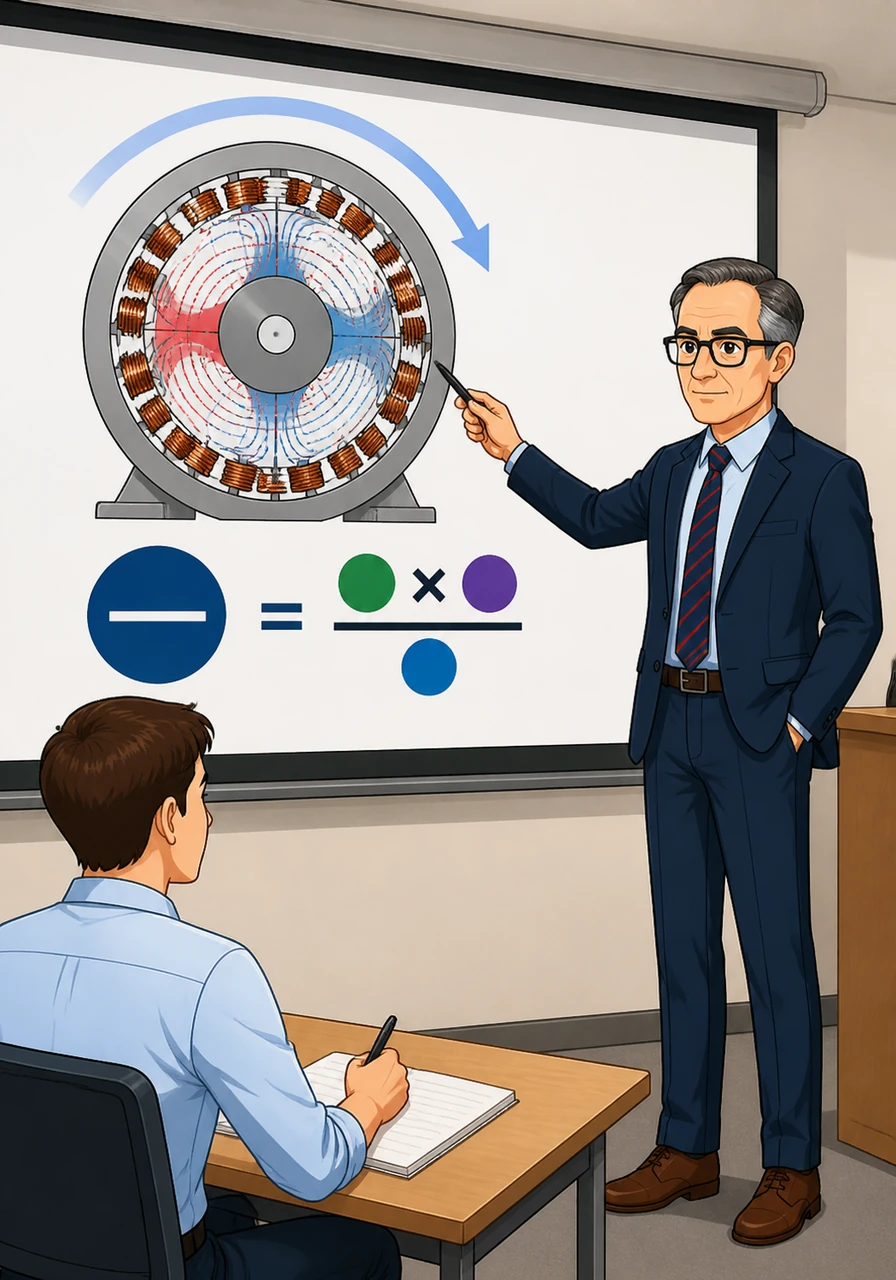 The presentation transitions to the mathematical foundation of synchronous speed, defined by the relationship between frequency and the number of magnetic poles. A technical diagram depicts the rotating magnetic field within the stator housing, clearly displaying the core formula for Ns.
