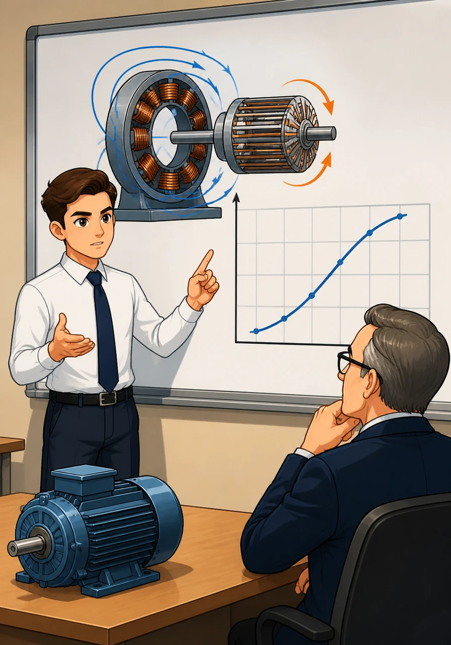 Arthur explains the necessity of slip in induction motors, where the rotor must lag behind the magnetic field to induce current. The accompanying graph plots slip percentage against mechanical load, providing a visual representation of the asynchronous nature of these machines.