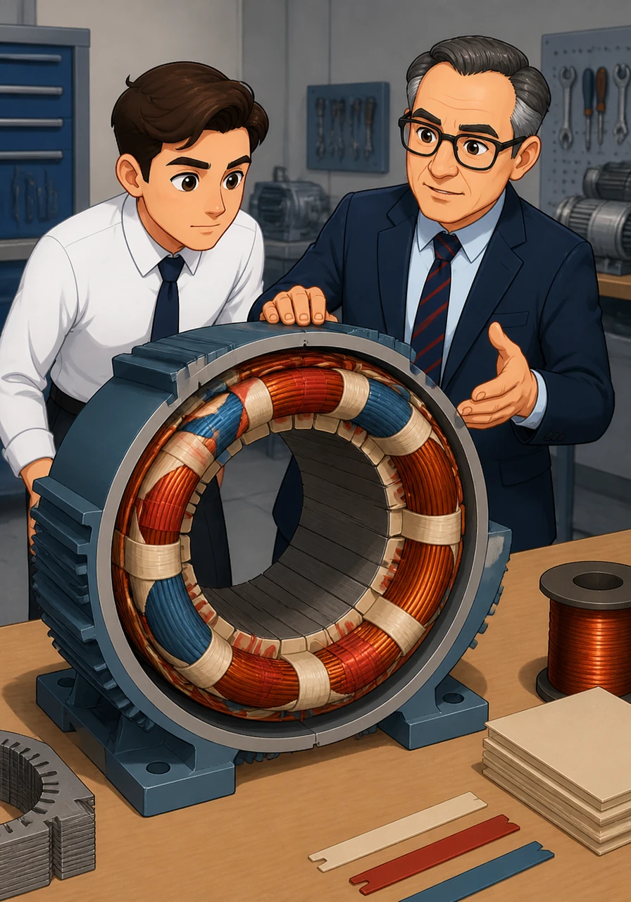 A detailed 3D cross-section reveals the stator construction, highlighting the three-phase windings and laminated steel core common to both machine types. The illustration focuses on the precision of the copper winding placement and the high-quality insulation materials required.