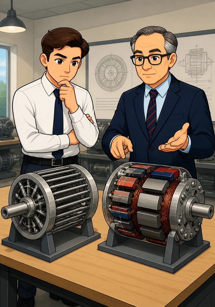 The focus shifts to rotor architecture, contrasting the robust squirrel cage of the induction motor with the permanent magnets or electromagnets of the synchronous variant. The visual shows a side-by-side comparison of these two distinct mechanical designs, emphasizing the complexity of the synchronous rotor.