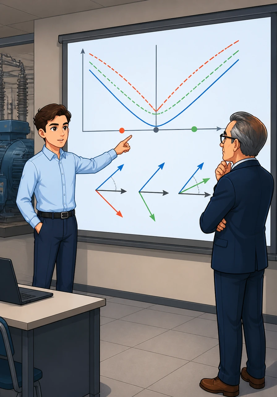 Arthur discusses the unique ability of synchronous motors to provide power factor correction through over-excitation. The slide displays a series of V-curves and phasor diagrams illustrating how leading and lagging current can be manipulated to stabilise the industrial power grid.