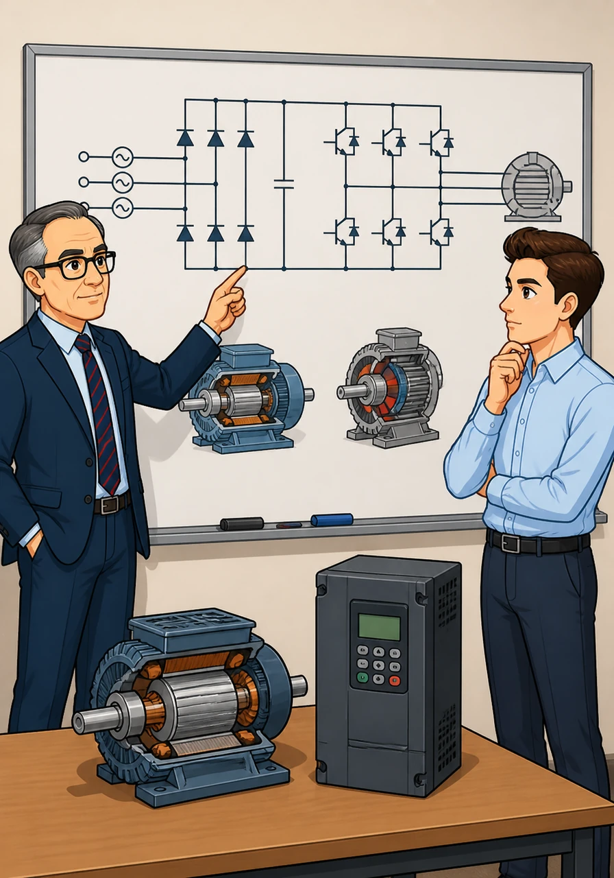 The discussion moves to speed control, highlighting how modern power electronics and Variable Frequency Drives manage motor performance. A schematic diagram outlines the converter-inverter bridge used in industrial drive systems to provide precision control for both motor types.