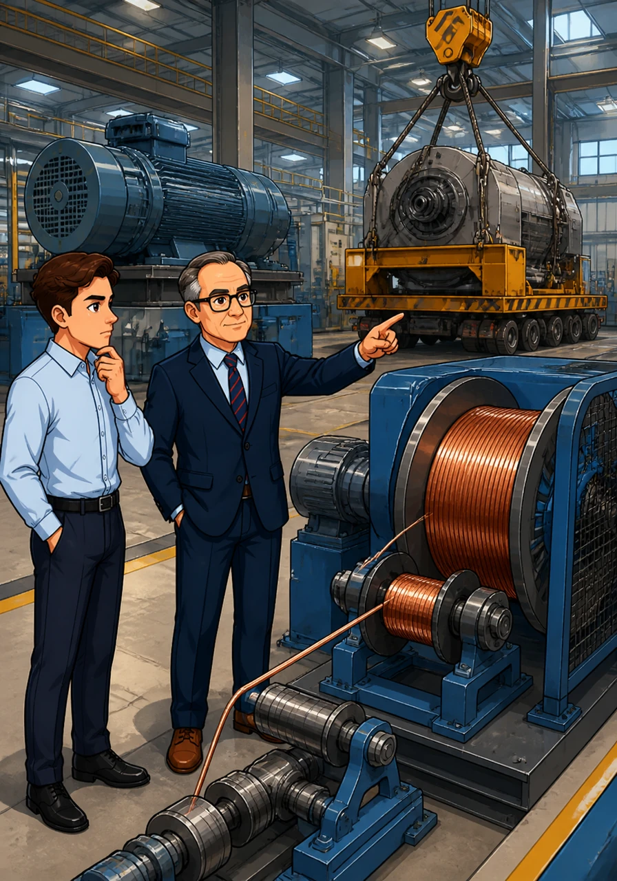 Practical applications are showcased, such as the high-torque requirements of heavy machinery and the precision speed control needed in cable manufacturing. The visual depicts a large-scale industrial facility utilizing these advanced electrical machines in a high-efficiency production environment.