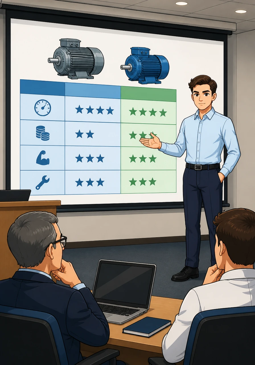 The presentation concludes with a comprehensive summary table comparing efficiency, cost, starting torque, and maintenance requirements. Arthur stands confidently as the audience reviews the final synthesis of the two AC motor technologies, marking the end of a rigorous academic exploration.