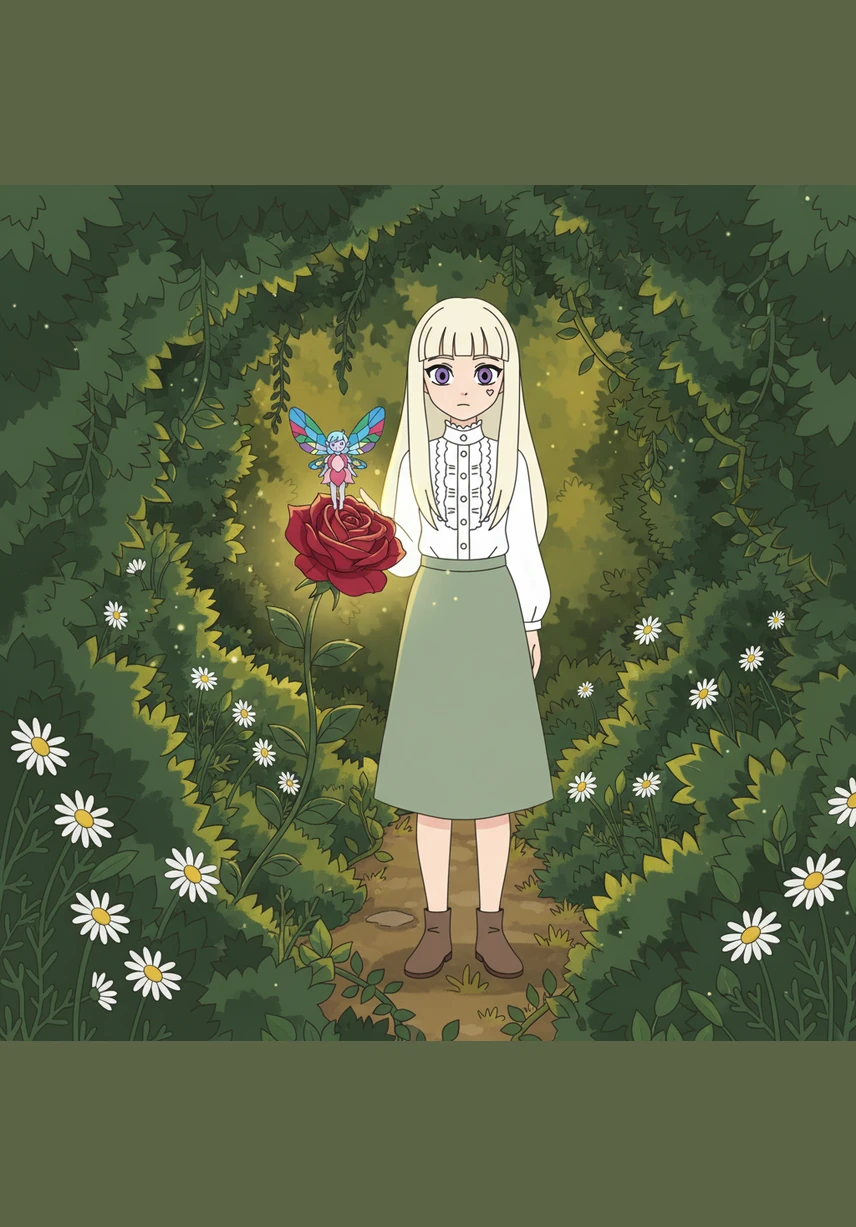 Lily wandered through her grandmother's overgrown garden, where the sunlight filtered through the ivy in golden patches. Among the wild daisies and tangled vines, she spotted a single, vibrant crimson rose that seemed to pulse with a soft, inner light.