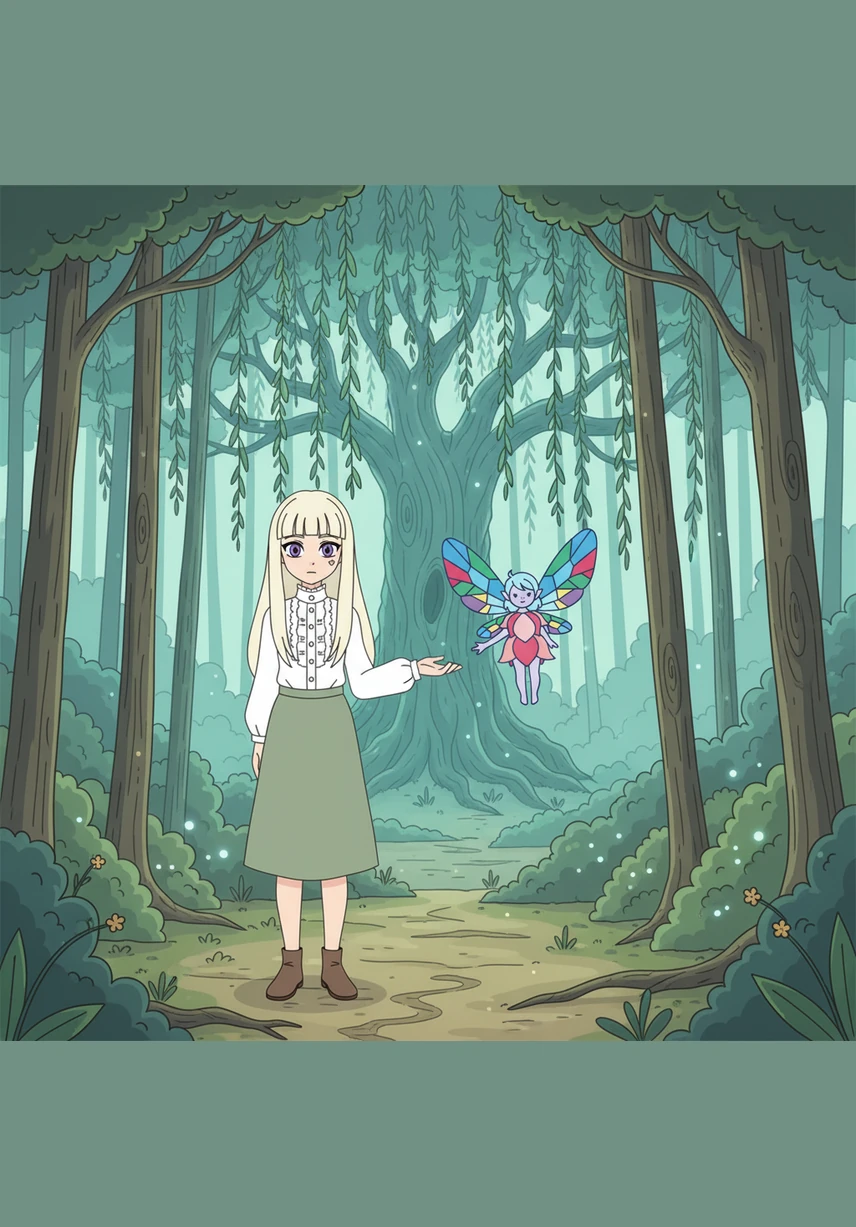 A small, winged sprite with wings like stained glass fluttered down to greet her, offering to be her guide through the enchanted woods. Together, they trekked toward the Great Willow, the source of all the magic in Aetheria.