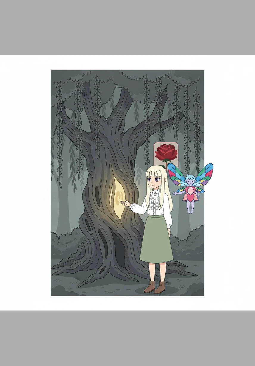 When they reached the Great Willow, Lily saw that its leaves were turning gray and the light in its trunk was flickering out. The sprite explained that the world needed the wonder of a child to bloom once again and regain its lost strength.