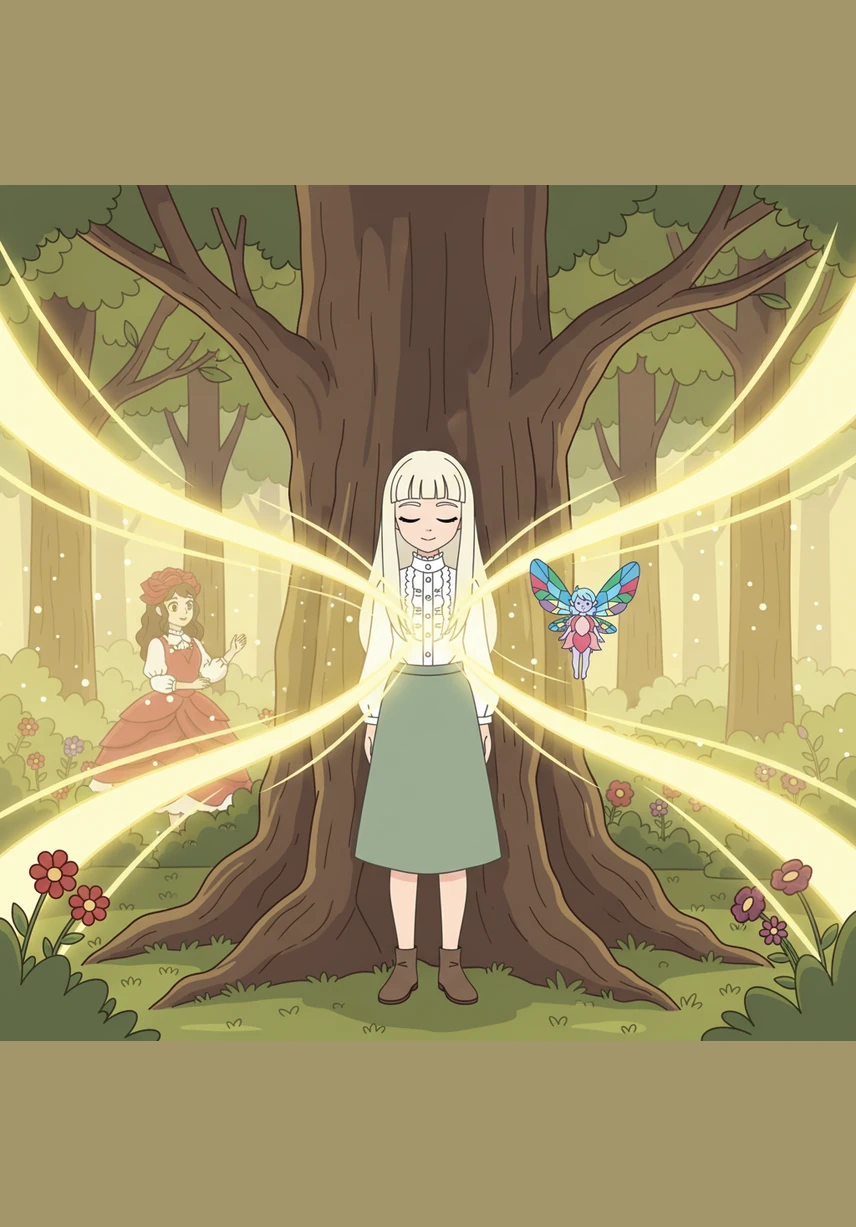 Lily placed her hands on the rough bark of the tree and closed her eyes, thinking of all the beauty she had seen in her own garden. Her genuine love for nature flowed into the tree, causing a massive wave of golden light to erupt and restore the forest.