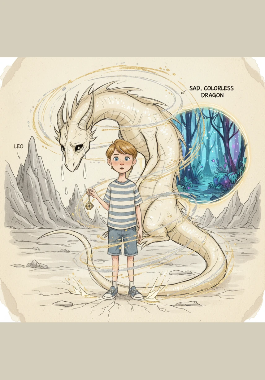 When he touches the pages, Leo is magically transported into a world where everything is just a simple black and white outline.