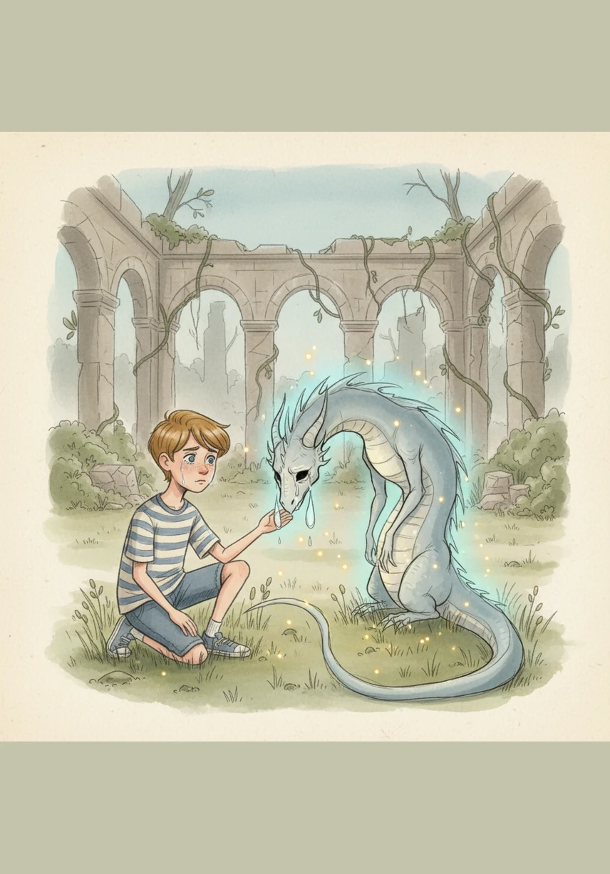 He walks through a forest of paper trees and notices that the birds and animals are waiting for someone to give them color.