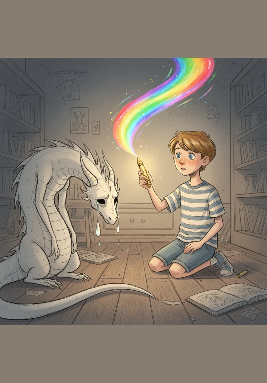In his hand, Leo finds a glowing golden crayon that can create every color of the rainbow with just a single stroke.