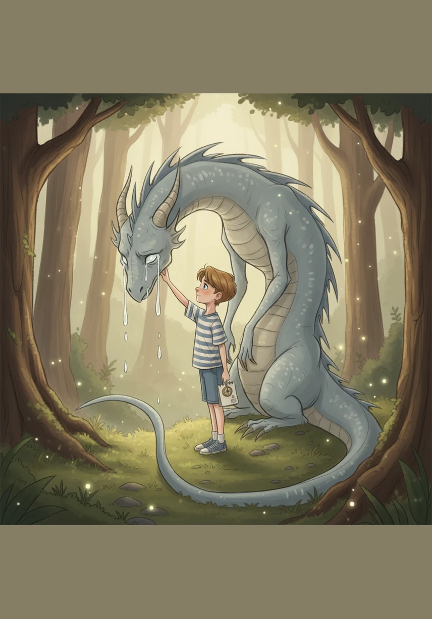 He meets a sad, colorless dragon who wants to look fierce, so Leo carefully colors his scales with shades of emerald green and fire red.