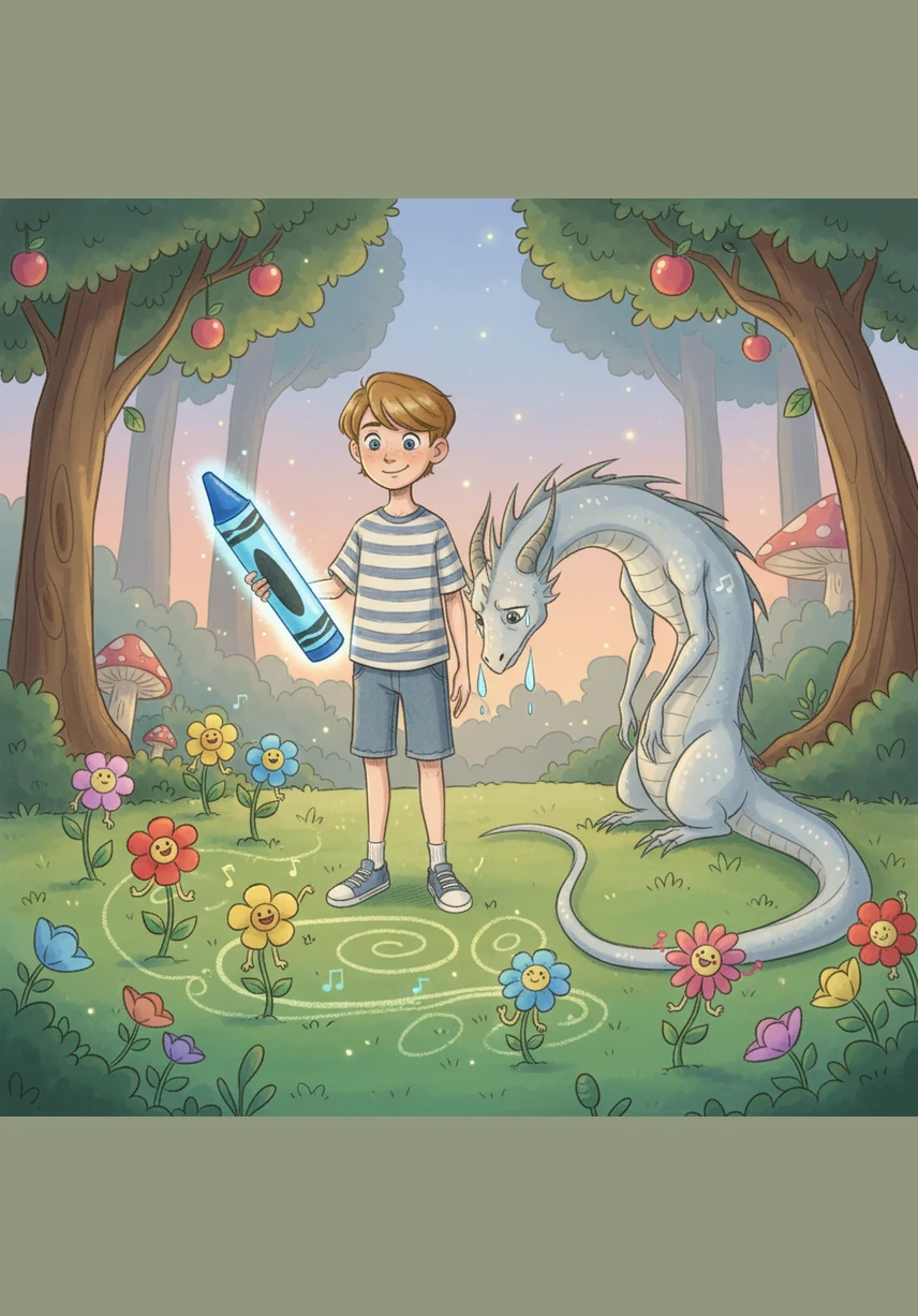 They land in a garden where Leo uses his magic crayon to draw and color beautiful flowers that begin to dance and sing.