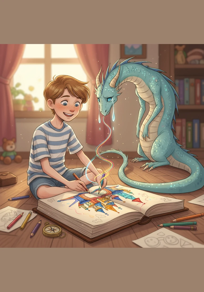 Leo realizes that his imagination is the most powerful tool of all as he fills the final blank pages with a magnificent, colorful castle.