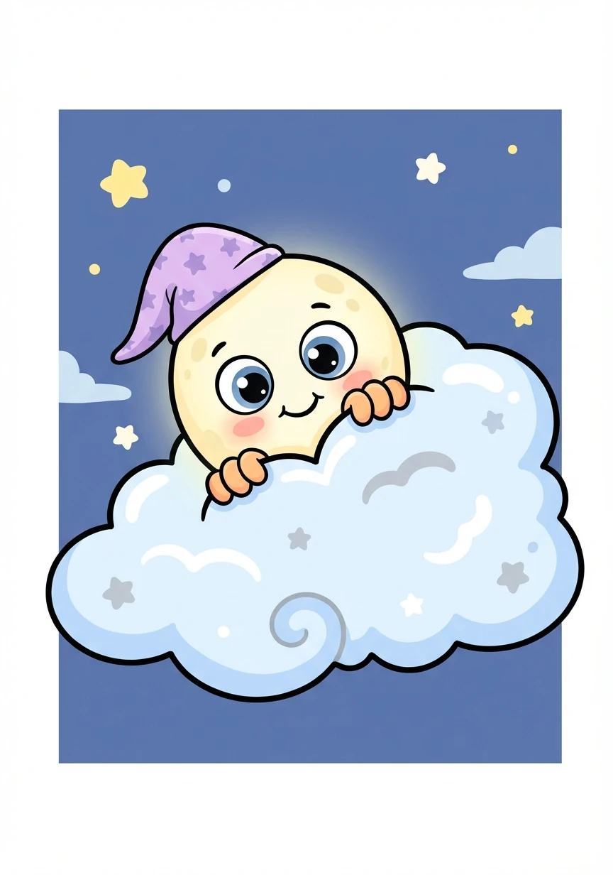 Luna the moon felt a little shy. She peeked out from behind a big, fluffy cloud, giggling softly.