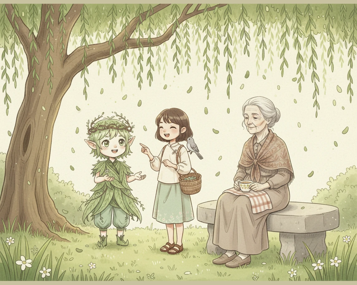 春日的清晨,微风拂过嫩绿的柳梢,青绿色的柳絮如烟如雾地飘散在空中。清明小精灵轻盈地站在柳树枝头,笑盈盈地向远方挥手;树下,小雨紧紧牵着奶奶温热的手,背着精致的小竹篮,轻快地向郊外走去。