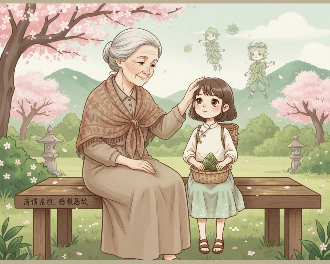 小雨好奇地抬起头,望着半空中若隐若现的小精灵,小竹篮里露出了青团诱人的一角。奶奶慈爱地抚摸着小雨的头发,温柔地告诉她,清明节不仅是踏青的好时机,更是缅怀先辈、表达思念的日子。