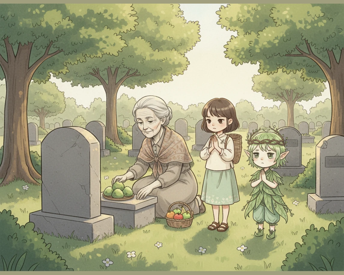 郊外的墓园静谧而整洁,淡淡的草木清香弥漫在空气中。奶奶在肃穆的墓碑前仔细摆放好新鲜的青团和水果,小雨学着大人的样子双手合十,小精灵在一旁收起嬉笑,神情变得庄重而深情。