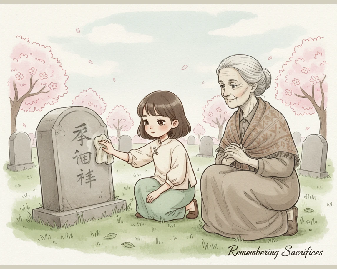 小雨拿起洁净的帕子,认真地擦拭着墓碑上的尘土,仿佛在与先辈进行一场跨越时空的对话。奶奶在一旁轻声讲述着家族的往事,教导小雨只有记住先辈的付出,才能更加珍惜现在拥有的幸福生活。