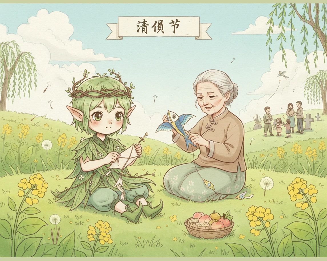 小精灵指向不远处的一排柳树,那里的枝条已经抽出了嫩芽,几个孩童正在欢快地插柳。小雨惊讶地发现,原来清明还有插柳的习俗,那翠绿的枝条插在门前,承载着人们对平安顺遂的美好期盼。