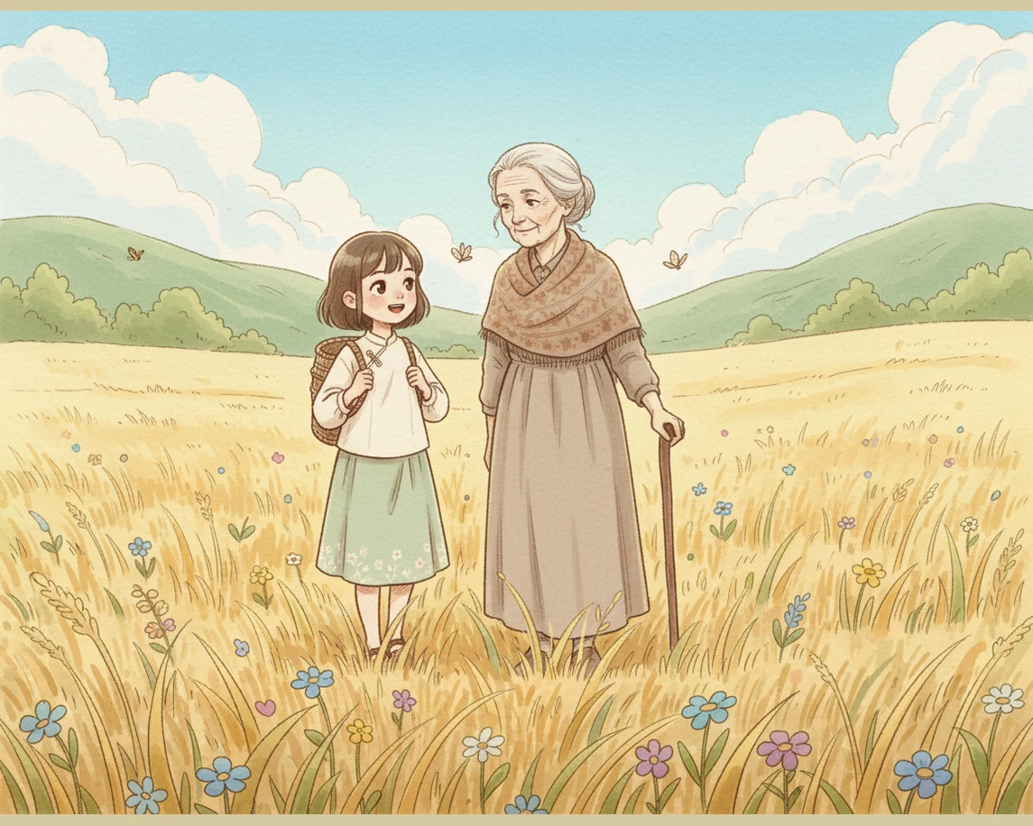 阳光洒在广阔的原野上,小雨和奶奶漫步在回家的路上,远处的青山如黛,近处的溪水潺潺。清明时节的自然景色让小雨感到心旷神怡,她深刻体会到了亲近自然也是这个节日最重要的部分。