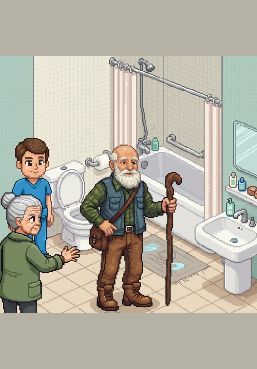 Arthur pauses at the doorway, acknowledging that while the bathroom is a place of routine, it can also be full of hidden hazards. He looks inside with a careful eye, understanding that awareness is the first step toward preventing accidents.