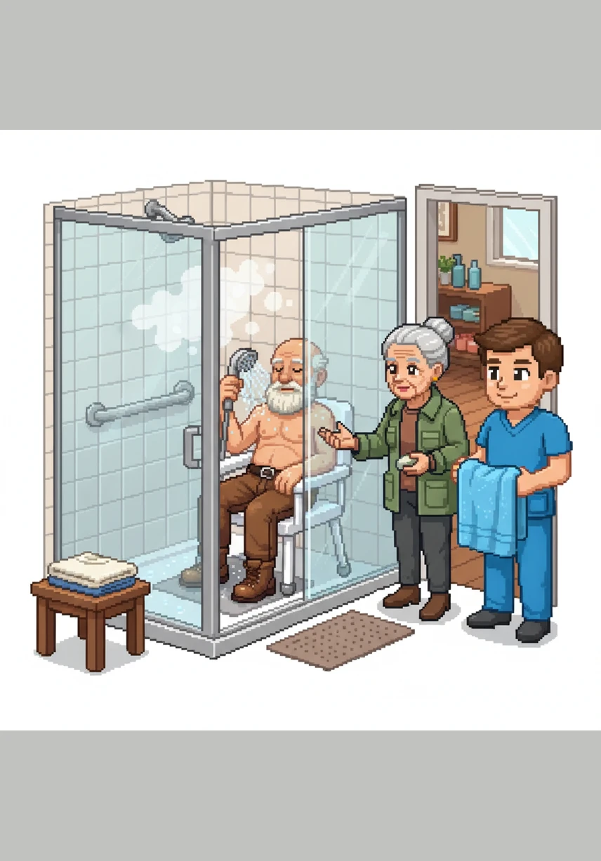 Arthur enjoys a relaxing shower while seated securely on a specialized chair, using a handheld showerhead to keep everything within reach. With grab bars nearby and a steady seat, his daily routine remains a refreshing and risk-free experience.