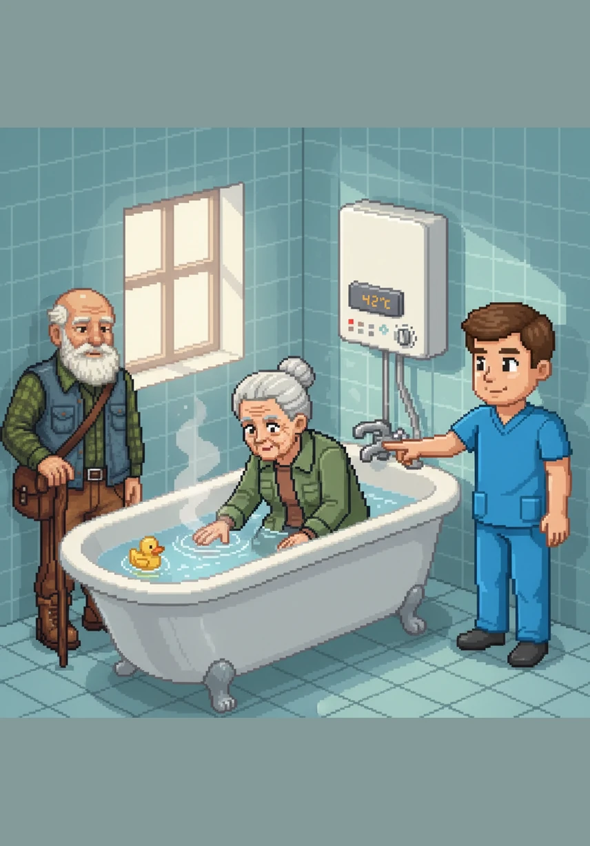 Before stepping into the water, Martha carefully tests the temperature with her hand to ensure it is perfectly comfortable. By keeping the water heater set to a safe level, she protects herself from the risk of sudden burns or scalds.