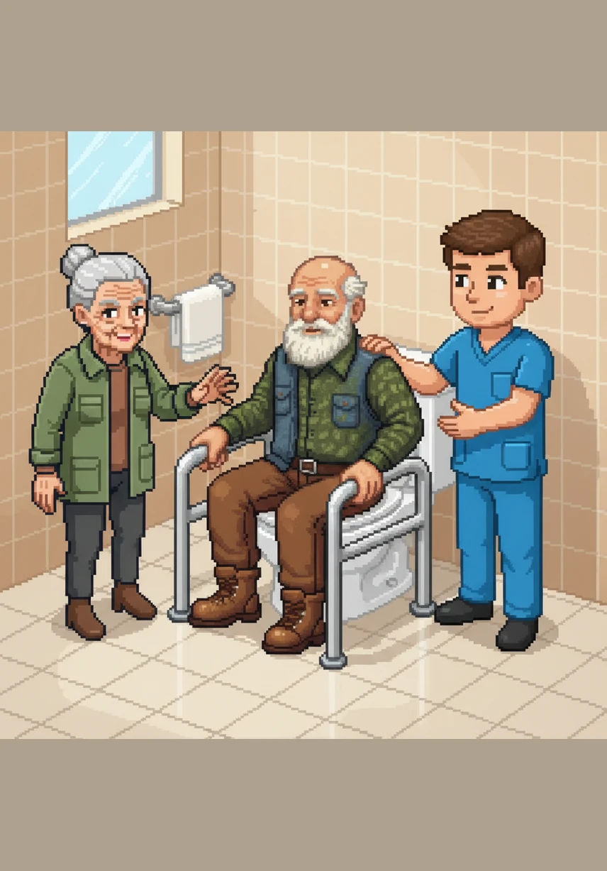 A raised toilet seat with supportive side handles allows Arthur to sit and stand with ease and proper posture. The surrounding floor is kept clear and dry, ensuring that every movement in the room is stable and supported.