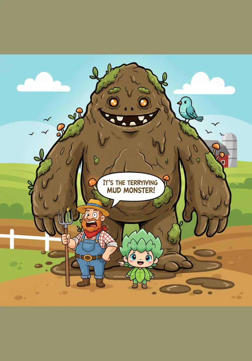 在阳光明媚的青青农场里，突然出现了一个大怪物！它黏糊糊、湿答答的，像一块厚厚的大毯子，沉重地压在泥土上面，大家惊叫着：“它是可怕的泥巴怪！”