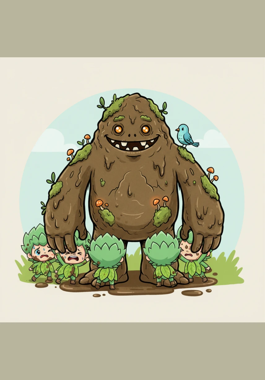 可是，泥巴怪实在太强壮了，无论香草宝宝们怎么推、怎么挤，泥土还是硬邦邦的。他们累得满头大汗，却发现自己根本动弹不得，原本充满斗志的英雄们开始感到有些绝望。