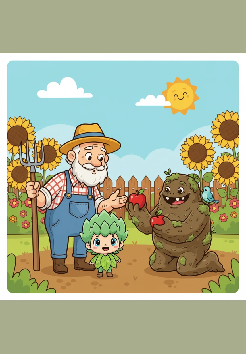 就在这时，地面上传来了“咚、咚、咚”的脚步声，原来是农夫伯伯来了！他发现香草宝宝们都没了精神，于是拿出一把神奇的小铲子，对着硬邦邦的地面轻轻一挑。