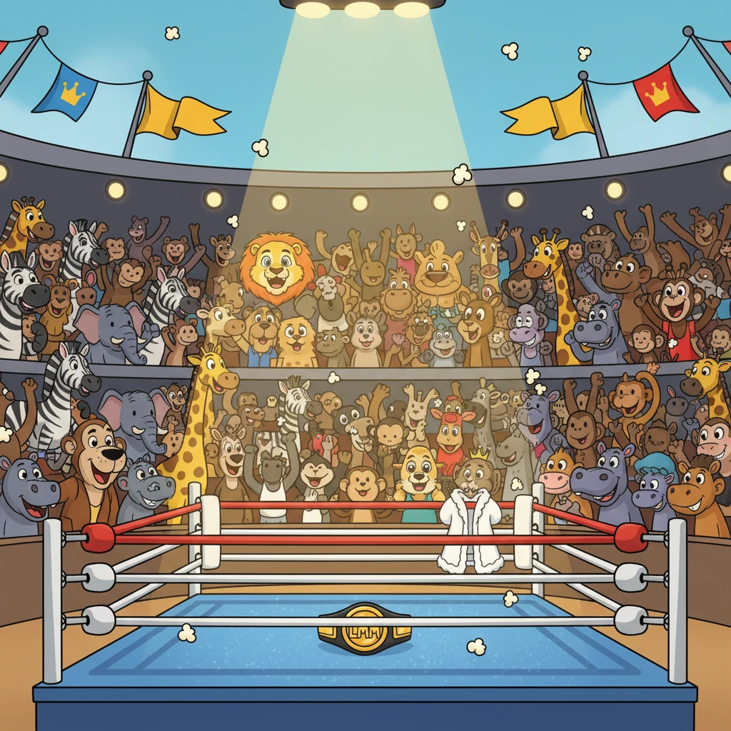 The Grand Savannah Arena buzzed with excitement, its stands packed with cheering animal fans. Bright banners waved, and popcorn flew through the air. The ring, sparkling under the spotlight, awaited its two furry champions.