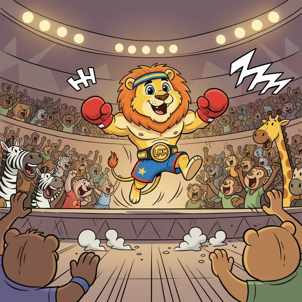 Leo made his grand entrance, strutting with a confident bounce. He wore bright red boxing gloves and shorts, his mane perfectly fluffed. The crowd roared, shaking the entire arena with their enthusiastic cheers and stomps.