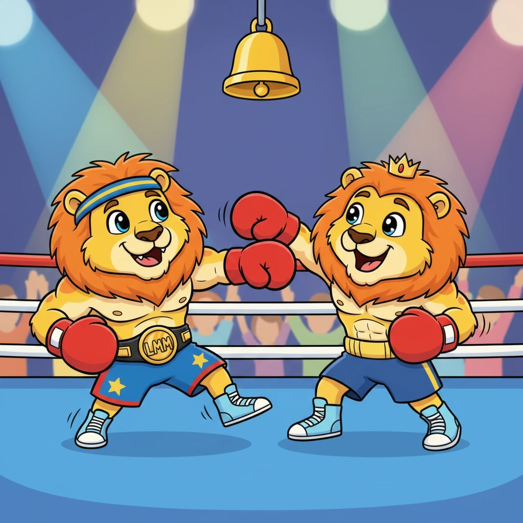 DING! The bell rang, and the match began! Leo and Boris danced around the ring, their paws a blur of motion. Leo dodged a playful swing from Boris, then returned with a quick, gentle tap to Boris's shoulder.