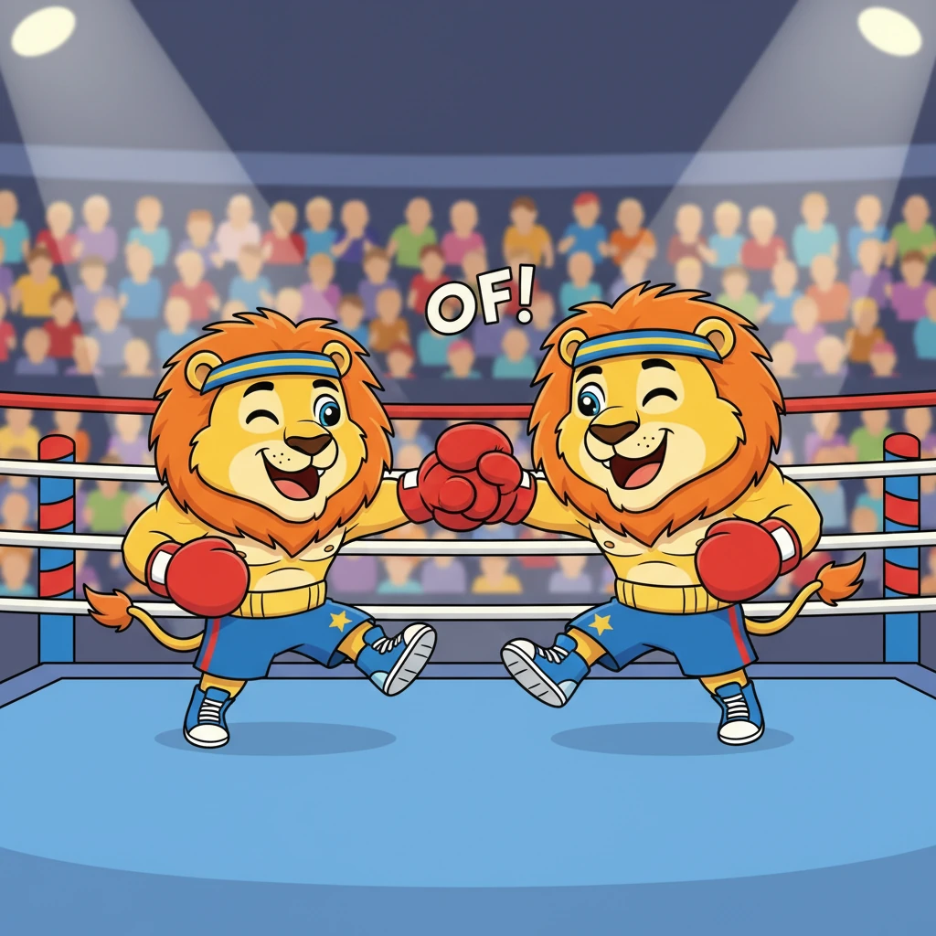 Mid-round, Boris stumbled, tripping over his own oversized paw. He tumbled into the ropes, bouncing back with a surprised "OOF!" Leo, instead of taking advantage, offered a paw to help him up, both chuckling. Sportsmanship first!