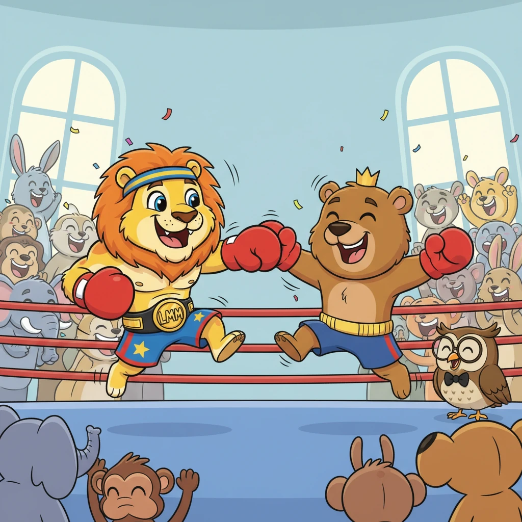 The crowd gasped as the match grew more intense, though still full of good humor. Leo unleashed a flurry of "tickle-taps," while Boris countered with his famous "bear-hugs" that were more funny than forceful. The referee, a wise old owl, watched closely, hooting with delight.