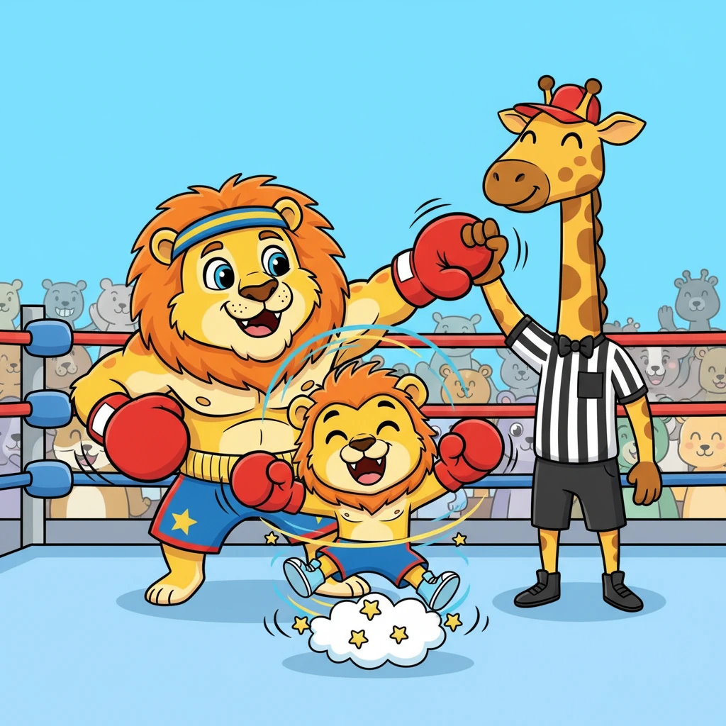 With a mighty, yet gentle, "POW!", Leo delivered his signature "Roaring Right Hook" – a playful push that sent Boris spinning in a circle. Boris landed with a giggle, completely out of breath but grinning from ear to ear. The referee raised Leo's paw high!