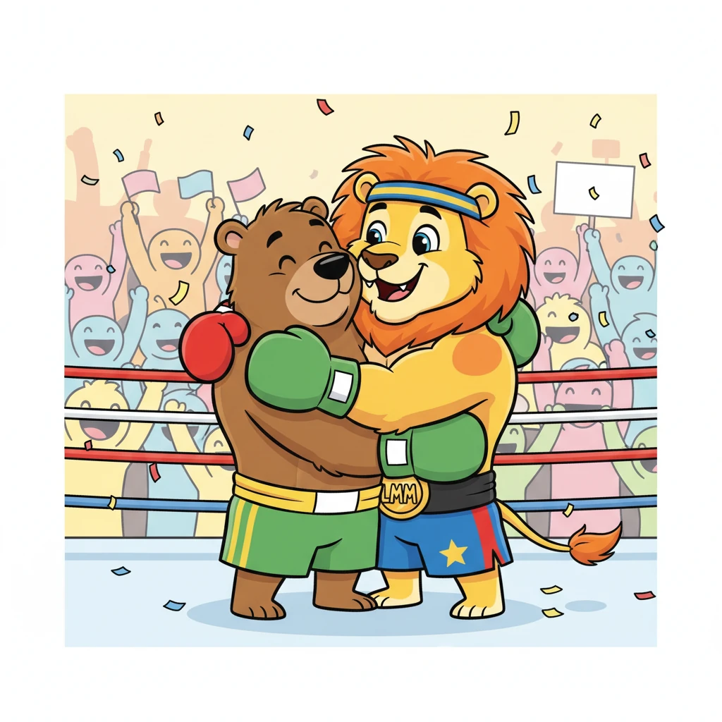 The crowd erupted as Leo was declared the champion! But instead of celebrating alone, Leo helped Boris up, and they shared a big, friendly hug. They both knew that winning was fun, but friendship and fair play were the real champions.