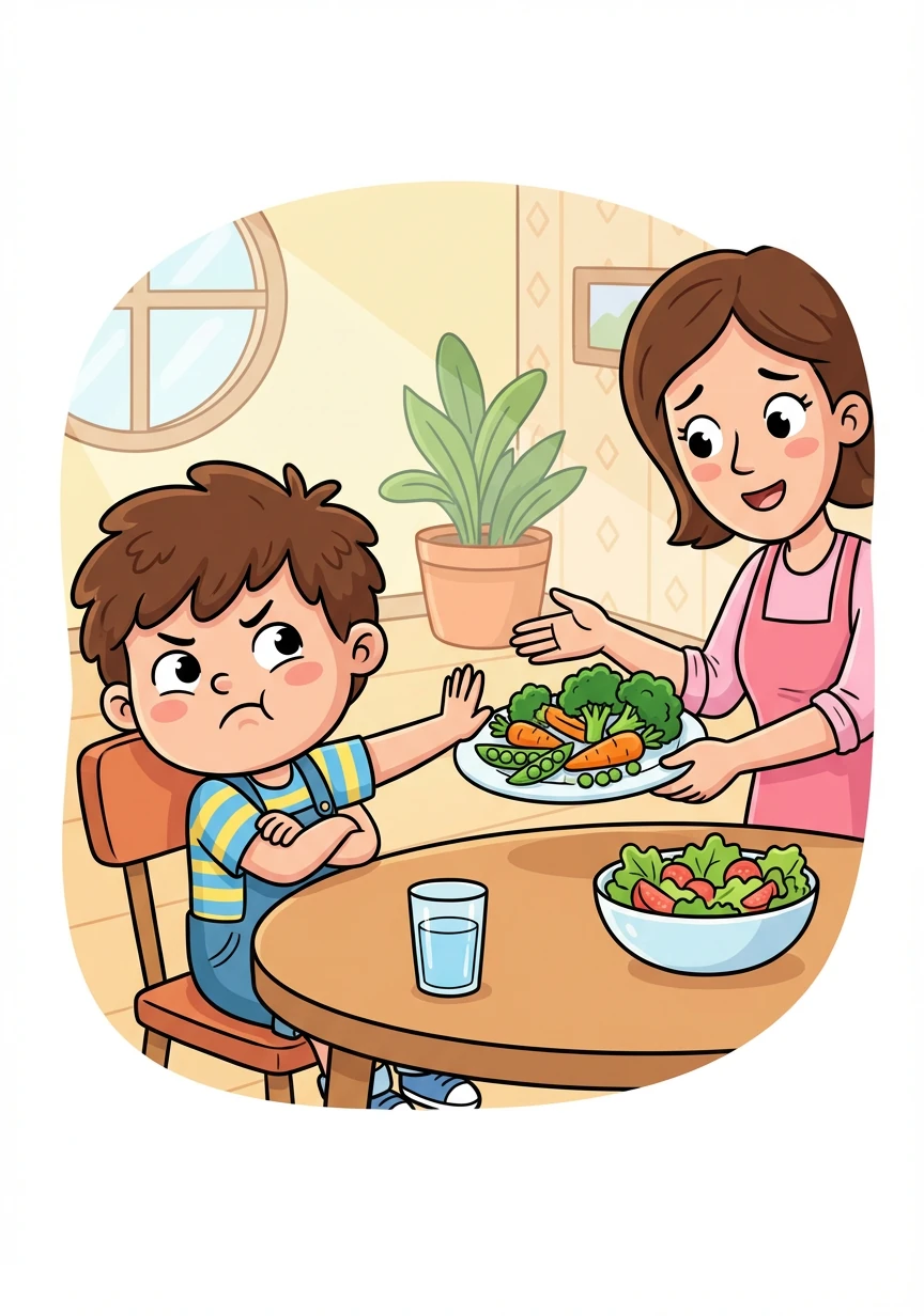 Nino adalah anak laki-laki yang tidak suka makan sayuran. Setiap kali ibunya menyajikan sayur, Nino selalu cemberut dan menolak untuk memakannya.