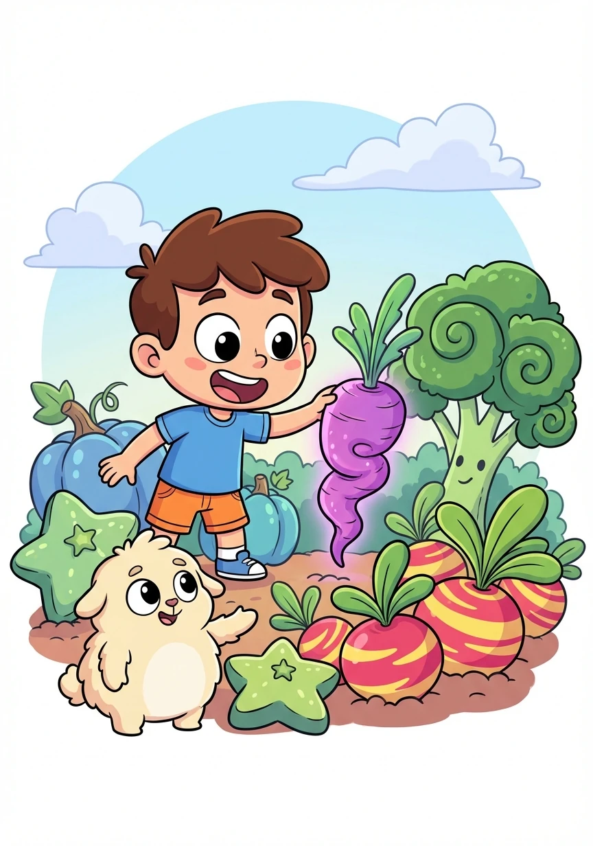 Momo mengajak Nino berkeliling ke kebun sayur ajaib. Di sana, Nino melihat berbagai macam sayuran dengan warna-warna yang indah dan bentuk yang unik.