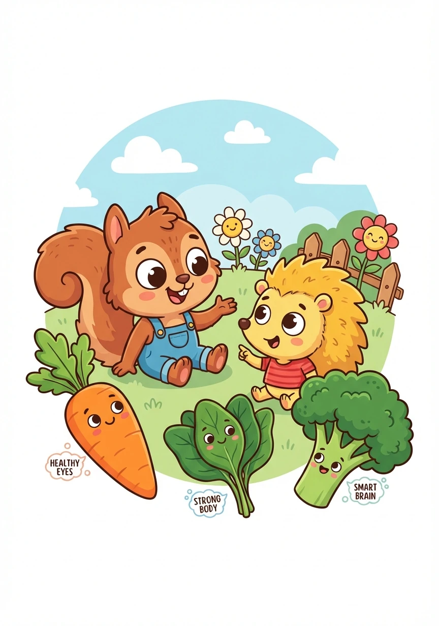 Momo menjelaskan kepada Nino tentang manfaat setiap sayuran. Wortel membuat mata sehat, bayam membuat tubuh kuat, dan brokoli membuat otak pintar.