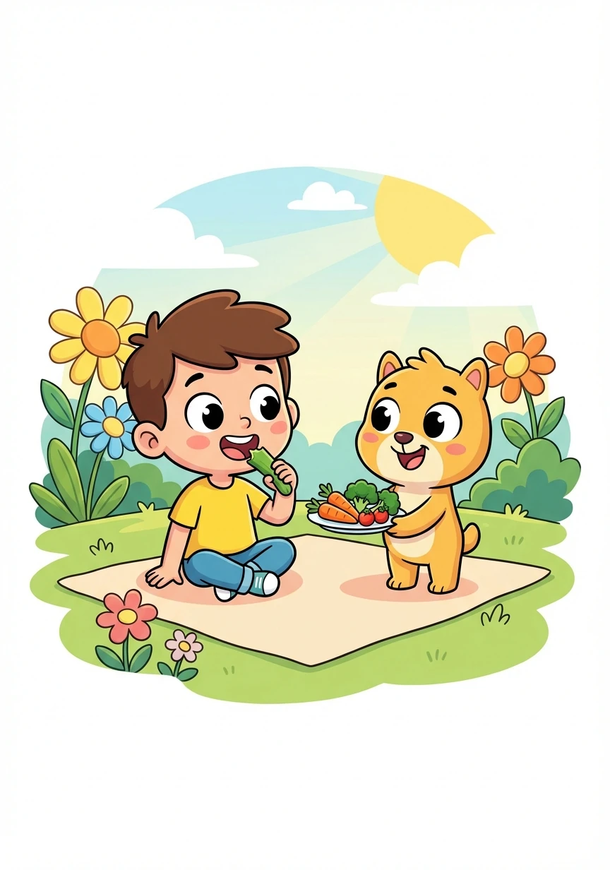 Nino mencoba mencicipi beberapa sayuran yang ditawarkan Momo. Ternyata, sayuran itu tidak seburuk yang Nino bayangkan. Rasanya enak dan segar!