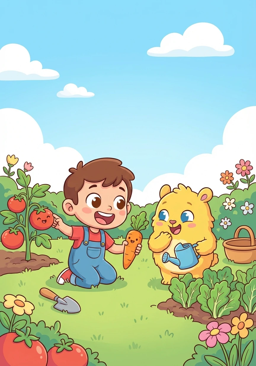 Nino dan Momo bermain dan belajar bersama di kebun sayur. Nino mulai menyadari bahwa makan sayuran bisa menyenangkan dan bermanfaat.