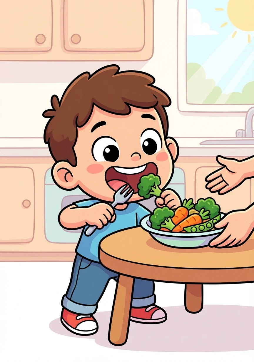 Keesokan harinya, saat ibunya menyajikan sayur, Nino tidak lagi cemberut. Dia dengan senang hati memakan sayuran itu dan merasakan tubuhnya menjadi lebih sehat dan kuat.