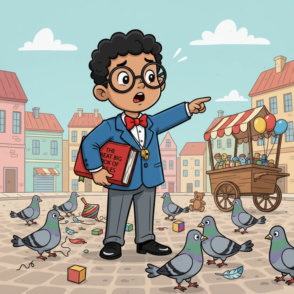 Reggie Rulebook, a small and earnest fellow with spectacles perched on his nose, stood at the edge of his town's bustling square. He clutched his giant, well-worn rulebook, his brow furrowed as he surveyed the playful chaos before him. Toys were scattered, pigeons waddled every which way, and a street vendor's cart was just a tiny bit crooked.