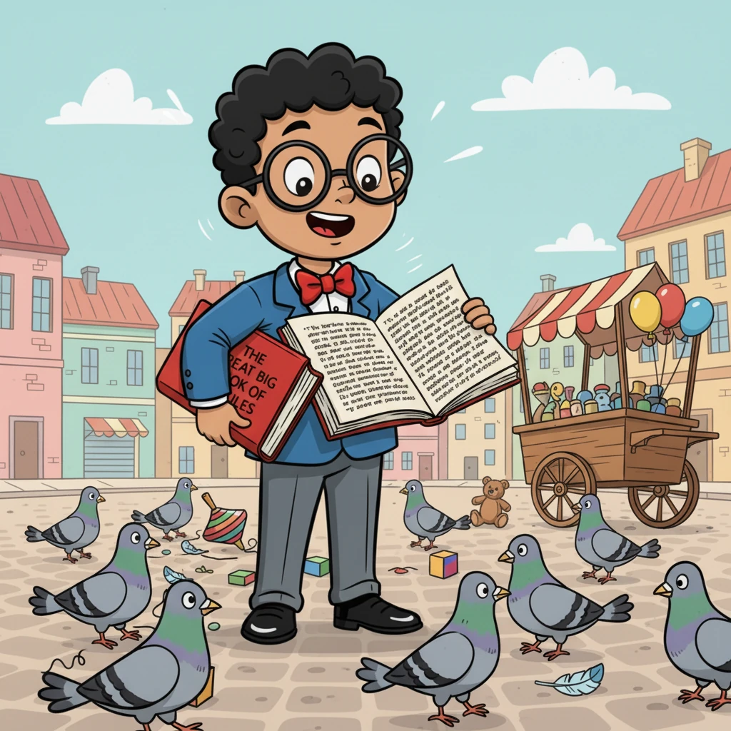 With a determined sigh, Reggie flipped open his colossal rulebook, its pages rustling like autumn leaves. He meticulously scanned the dense text, searching for the perfect regulation to bring order to the cheerful jumble. 'Ah-ha!' he exclaimed, pointing a tiny finger at a particularly long paragraph.