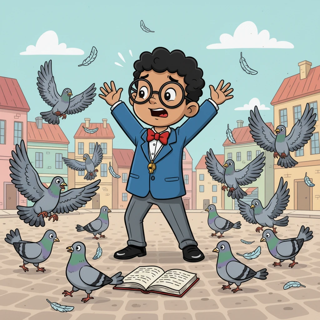 His first attempt involved the town's pigeons. Reggie tried to arrange them into neat, military-like rows according to the 'Feathered Friends Regulation 3.B.' The pigeons, however, simply cooed in confusion, flapping their wings and scattering in every direction, leaving Reggie in a puff of feathers.