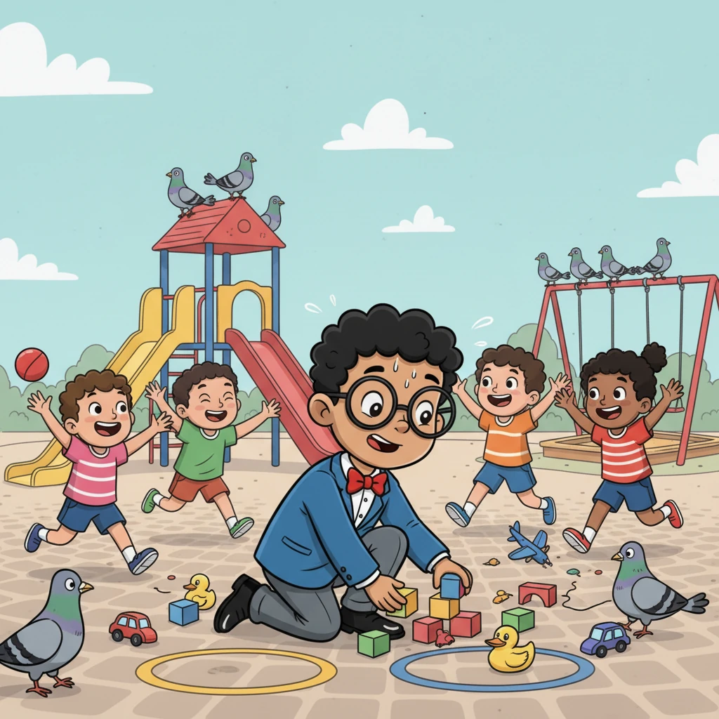 Next, Reggie tackled the children's playground. He carefully sorted all the brightly colored toys into designated zones, following the 'Playground Parceling Protocol.' But the children, eager for fun, quickly mixed them all up again, giggling as they chased each other with their favorite toys.